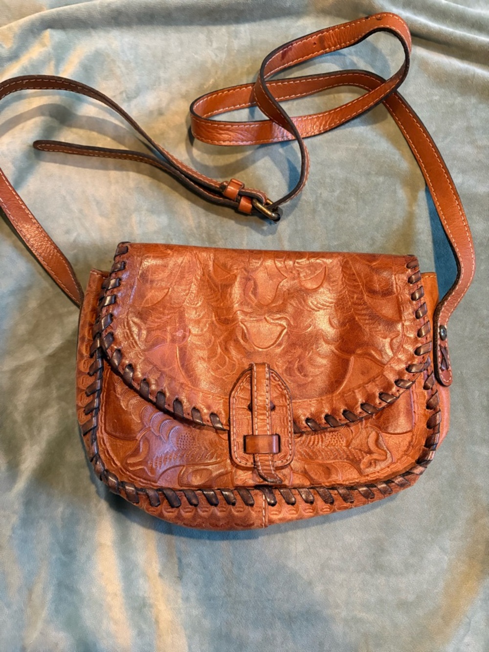 Patricia Nash Tan Embossed Leather Crossbody with Whipstitch Trim